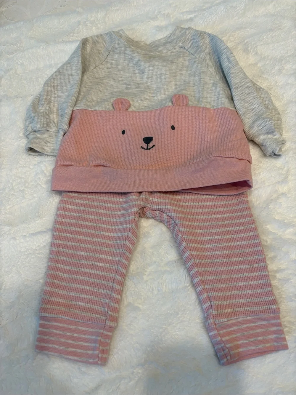 Carter's Gray and Pink Bear Top with Pink Striped Pants Matching Set 3-6 months